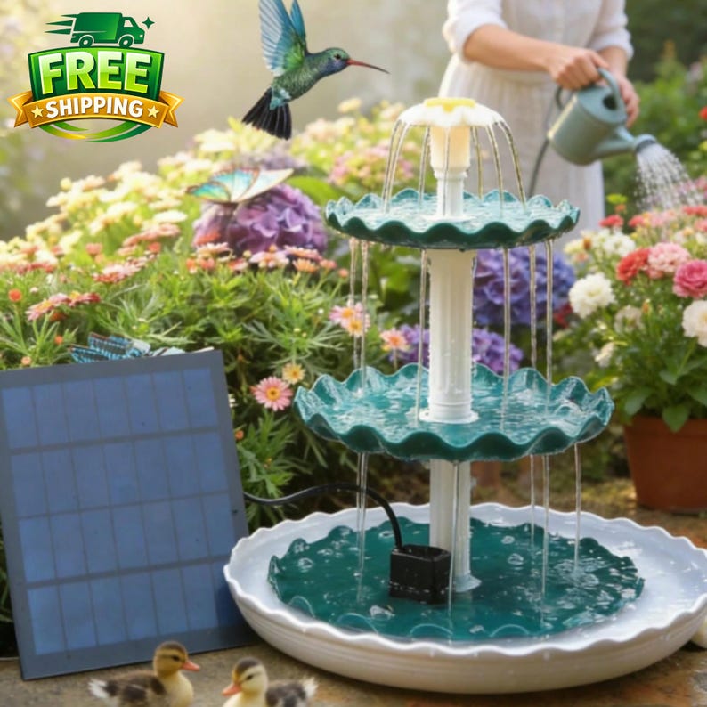 Pode incluir: Uma fonte exterior de tr&ecirc;s n&iacute;veis com um painel solar. A fonte tem uma coluna branca e bordas onduladas verde-azulado. A &aacute;gua cai em cascata do n&iacute;vel superior. Um beija-flor e uma borboleta est&atilde;o no fundo. A fonte &eacute; cercada por flores.