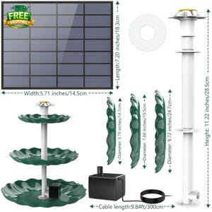 Pode incluir: Um kit de fonte movida a energia solar com um painel solar (18,3 cm de comprimento, 14,5 cm de largura), uma fonte verde de tr&ecirc;s n&iacute;veis e uma bomba preta. Inclui detalhes decorativos verdes (di&acirc;metros: 14,7 cm, 19,5 cm e 24,7 cm). A fonte tem 28,5 cm de altura.