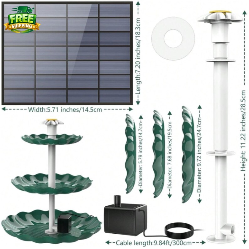 Pode incluir: Um kit de fonte movida a energia solar com um painel solar (18,3 cm de comprimento, 14,5 cm de largura), uma fonte verde de tr&ecirc;s n&iacute;veis e uma bomba preta. Inclui detalhes decorativos verdes (di&acirc;metros: 14,7 cm, 19,5 cm e 24,7 cm). A fonte tem 28,5 cm de altura.