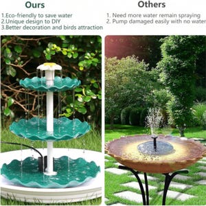 Pode incluir: Imagem comparativa de duas fontes de &aacute;gua para exterior. A fonte da esquerda &eacute; um design de tr&ecirc;s n&iacute;veis, na cor verde-azulado, com &aacute;gua em cascata. A fonte da direita &eacute; uma fonte movida a energia solar. O texto do lado esquerdo diz: Ecol&oacute;gico para economizar &aacute;gua, Design &uacute;nico para bricolagem, Melhor decora&ccedil;&atilde;o e atra&ccedil;&atilde;o de p&aacute;ssaros.