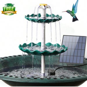 Pode incluir: Uma fonte exterior em camadas com um design de borda verde ondulada. A &aacute;gua flui do n&iacute;vel superior para o inferior. Um painel solar est&aacute; conectado &agrave; fonte. Um beija-flor est&aacute; voando por perto.