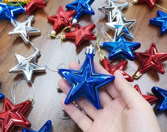 Handmade 20pcs Patriotic Star Ornaments - 4th of July Tree Decorations - Red White Blue Silver Stars -  Independence Day Party Favors Decor
