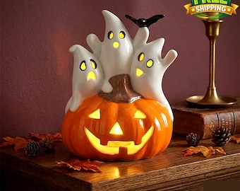 Handmade Ceramic Ghost Pumpkin Halloween Decor - Ghost Pumpkin Figurine - Halloween Table Decor - Fall Home Decor - Autumn Thanksgiving Gift