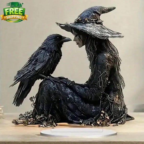 Handmade Witch Crow Acrylic Figure - 2D Acrylic Flat Printing Statue - Gothic Halloween Home Office Decoration - Dark Fantasy Gift for Her