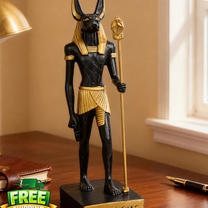 May include: A black and gold Anubis statue. The Egyptian god figure stands on a black base with hieroglyphs, holding a staff. The statue has a black body, gold collar, and gold skirt. The statue is a decorative item.