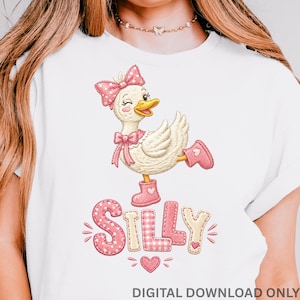Silly Goose PNG, Pink Bow Duck, Girly Patchwork Design (Digital Download)