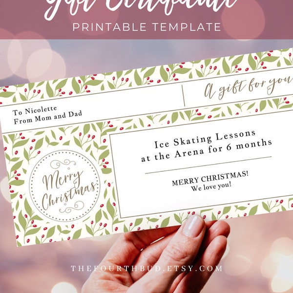 Editable Christmas Gift Certificate Template / Elegant Holiday Gift Voucher Prntable 4" x 9.25" / Winter Berries / CORJL