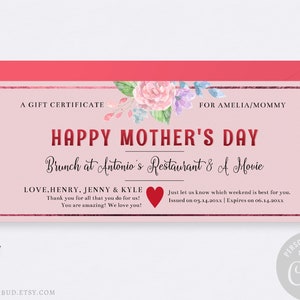 Mother&#39;s Day Gift Certificate Template / Editable Mothers Day Gift Voucher Template / DIY Gift Coupon for Mom / CORJL Template