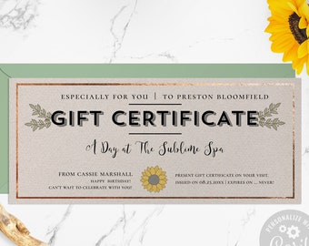 Editable All Ocassion Gift Certificate Template / Printable Birthday Gift Voucher / DIY Fall Sunflower Kraft Gift Coupon / CORJL