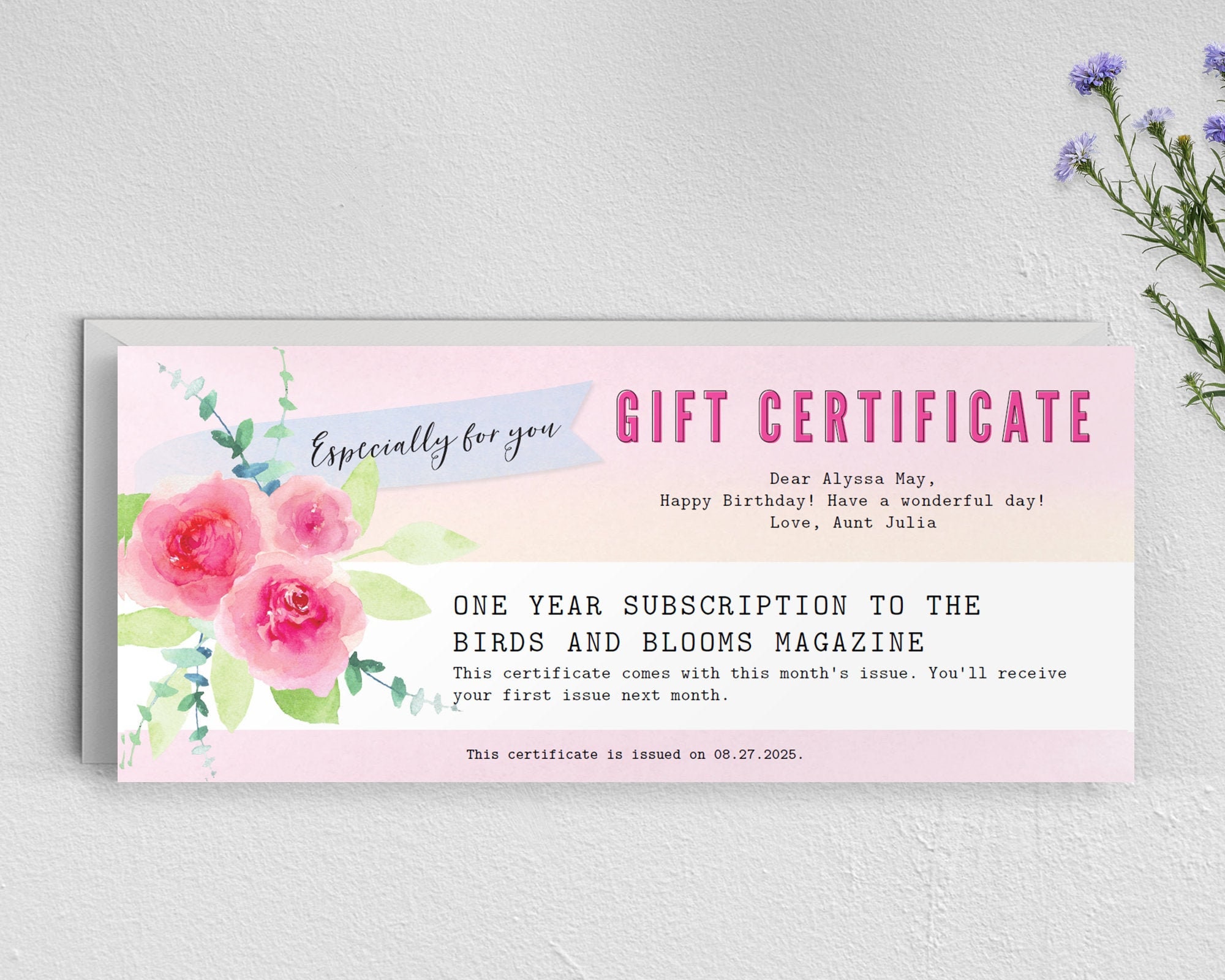 Gift Certificate Template / Gift Voucher Template / Birthday / Pink  Watercolor Floral Bouquet / PDF For Print / DIY / Adobe Reader Required For Magazine Subscription Gift Certificate Template