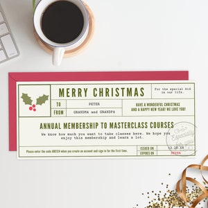 Vale de regalo de Navidad, plantilla de certificado de regalo moderno, 4 x 9,25 Cupón de Navidad editable para un regalo de experiencia, Editar en Corjl