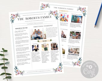 Family Newsletter Template Two Pages With Photos /Floral Family Year In Review, Photojournal Newsletter / Feathers & Blooms / CORJL B2