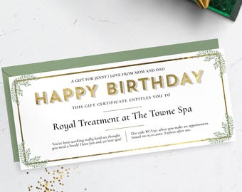 Elegant Birthday Gift Certificate Template, Editable Birthday Coupon Voucher with  Greenery and Gold Accents (CORJL, Digital Download)