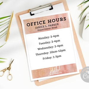 Editable Office Hours Door Sign Template - Schedule or Hours of ...