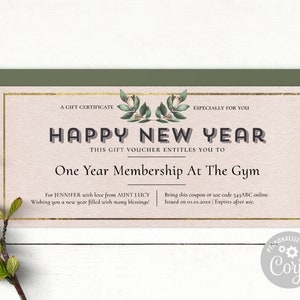 Happy New Year Gift Certificate Template / Editable Holiday Gift Voucher / Printable Gift Coupon / Watercolor Greenery and Gold / CORJL
