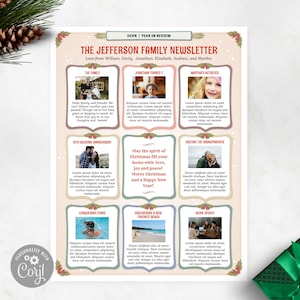 Editable Family Christmas Newsletter Template One Page / Editable Year In Review Christmas Letter with Photos / Winter Holly C / Corjl
