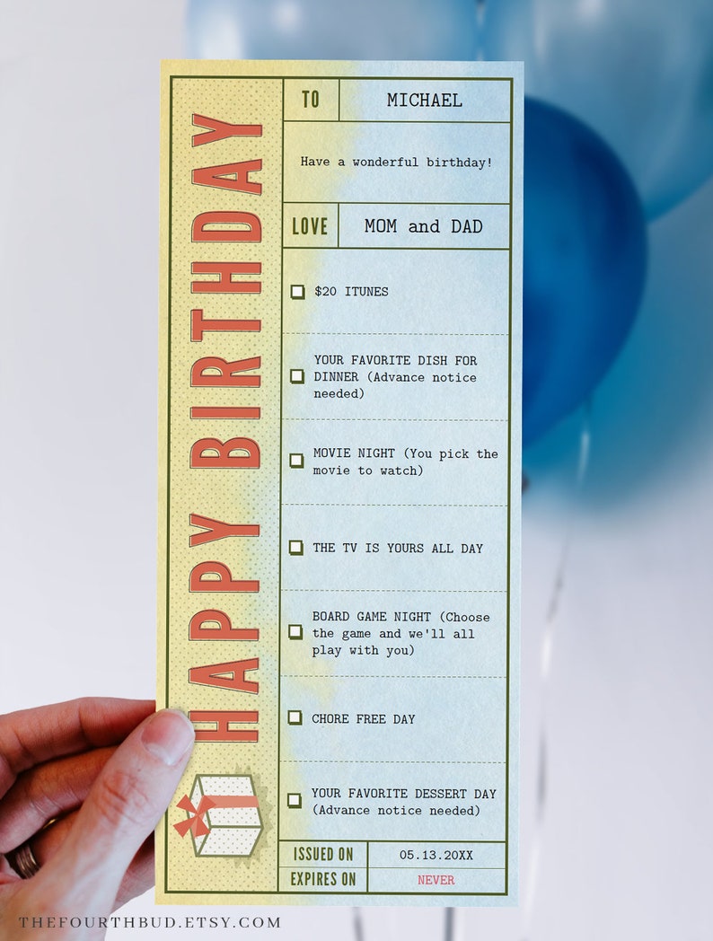 Happy Birthday Gift Coupon Template for Print/ Birthday Gift Voucher