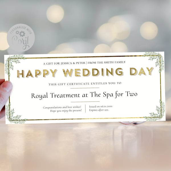 Happy Wedding Day Gift Certificate Template / Editable Gift Ticket Voucher / Elegant Wedding Day Gift Coupon/ DIY Gift of Experience / CORJL