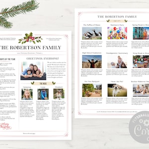Elegant Family Christmas Newsletter Template Two Pages / Editable Year In Review / Holly Floral Bouquet Christmas Letter With Photos E/CORJL