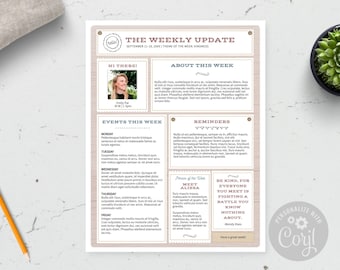 Editable Class Newsletter Template One Page / For Teacher, School, Office or Organization Newsletter / Rustic Wood in White / CORJL