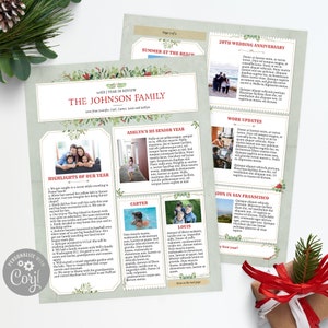 Elegant Christmas Newsletter Template Two Pages / Editable Family Christmas Letter Newsletter / Watercolor Botanical in Green A / Corjl
