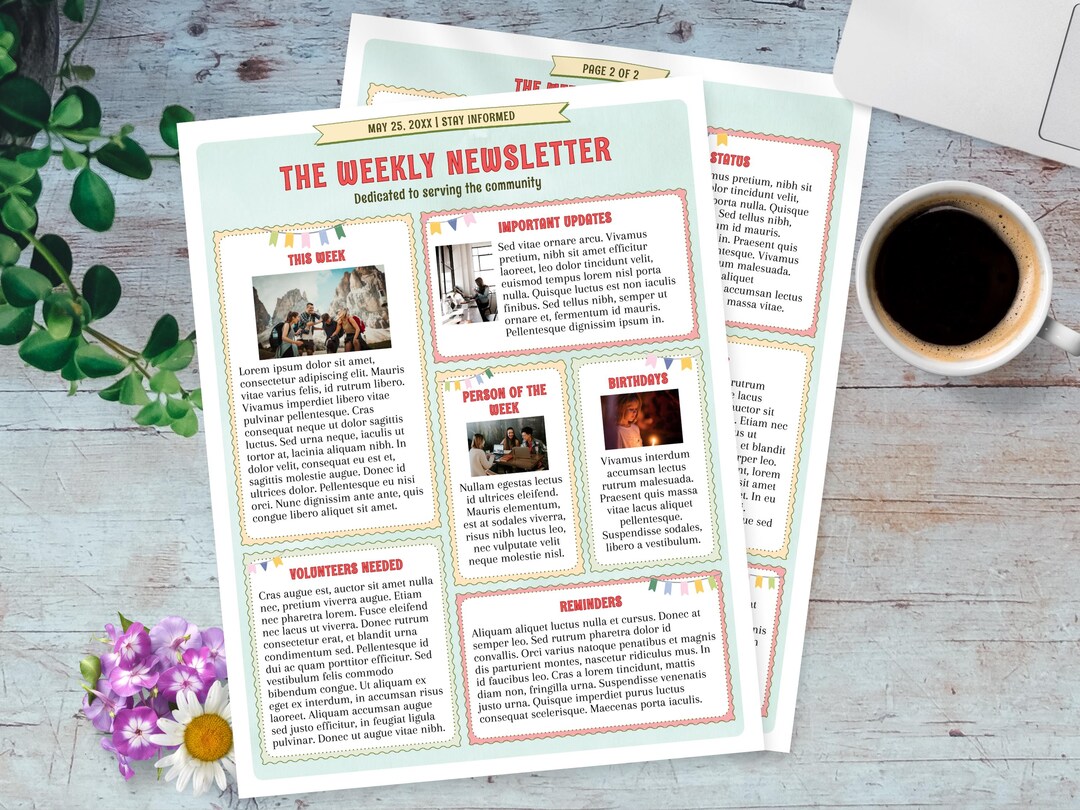 Two Page Newsletter Template US Letter: Message & Announcements for ...