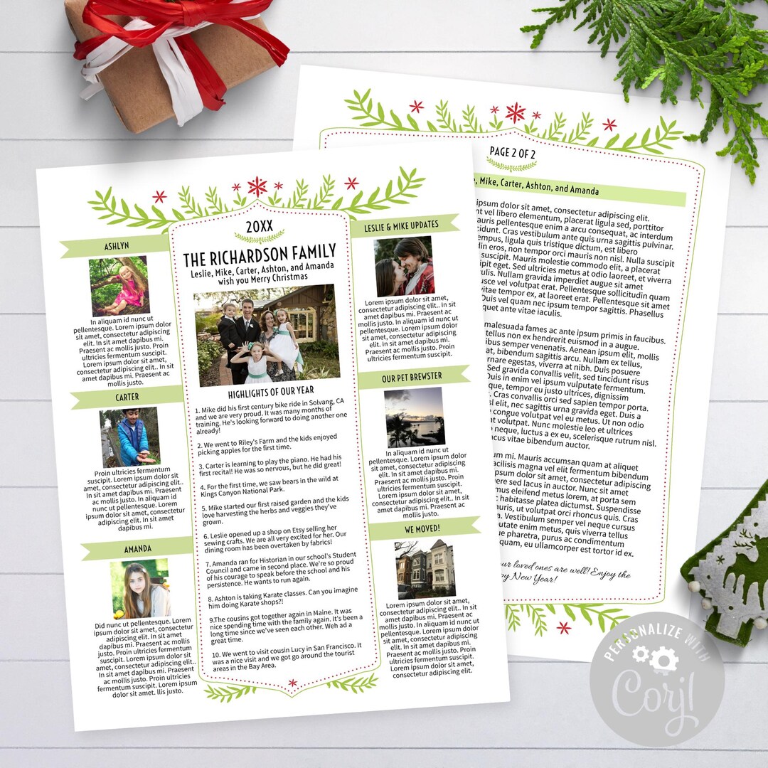 Festive Christmas Newsletter Template: Two Page Family Year in Review ...