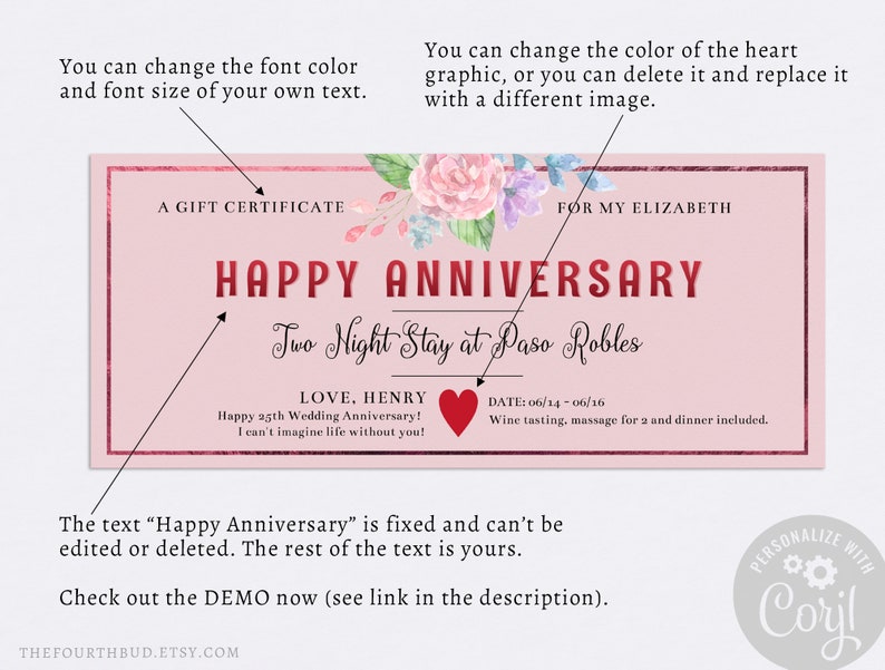 Happy Anniversary Gift Certificate Template / Editable Gift Voucher for