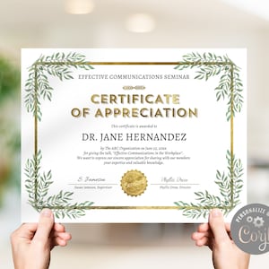 Bearbeitbares Zertifikat der Anerkennung Award Vorlage US Letter Größe / Elegant Faux Gold Foil & Greenery Diplom Zertifikat Gold Award /CORJL
