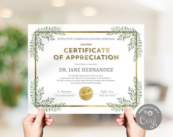 Editable Certificate of Appreciation Award Template US Letter SIze / Elegant Faux Gold Foil & Greenery Diploma Certificate Gold Award /CORJL