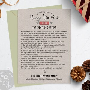 Modello di newsletter di felice anno nuovo per l'anno in rassegna / Modello modificabile per biglietto di Capodanno per famiglie 5x7 / Eventi principali dell'anno in rassegna in Kraft / Corjl