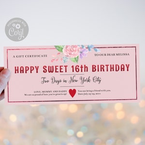 Happy Sweet 16th Birthday Gift Certificate Template / Editable Birthday Gift Voucher For Her/ Printable Pink Floral Rose Gift Coupon / CORJL