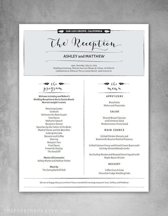 Tri Fold Wedding Reception Program Template In Pdf Grey Etsy