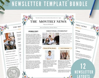 Floral Newsletter Template Bundle 12 Layouts / Editable Wedding Times, Family Update, Organization Newsletter / Feathers & Blooms / CORJL