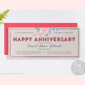 Happy Anniversary Gift Certificate Template / Editable Gift Voucher for Her / Printable Pink Floral Gift Coupon Template /DIY/CORJL Template