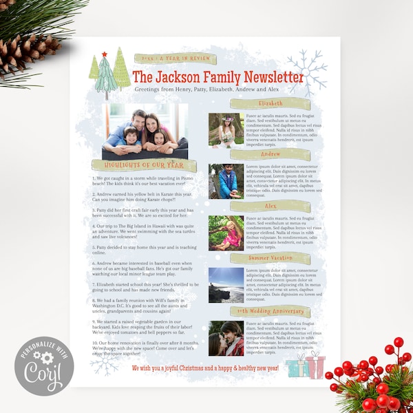 Festive Family Christmas Newsletter Template One Page with Photos for 5 Kids, Editable Year In Review, Whimsical Winter Wonderland C, Corjl