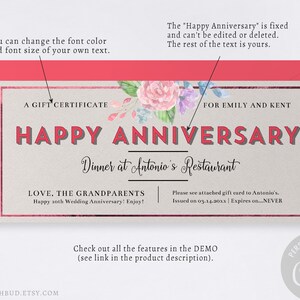 Happy Anniversary Gift Certificate / Printable Gift Voucher Template ...