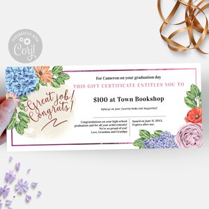 Floral Congratulations Gift Certificate Template, Perfect for a Graduation or Promotion, Editable Gift Coupon for Her, Easy to edit in CORJL
