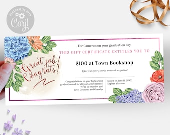 Floral Congratulations Gift Certificate Template, Perfect for a Graduation or Promotion, Editable Gift Coupon for Her, Easy to edit in CORJL
