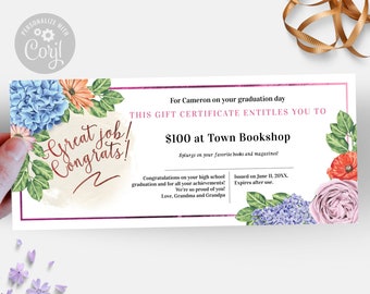 Editable Graduation Gift Certificate Template, Floral Congratulations Voucher (CORJL)