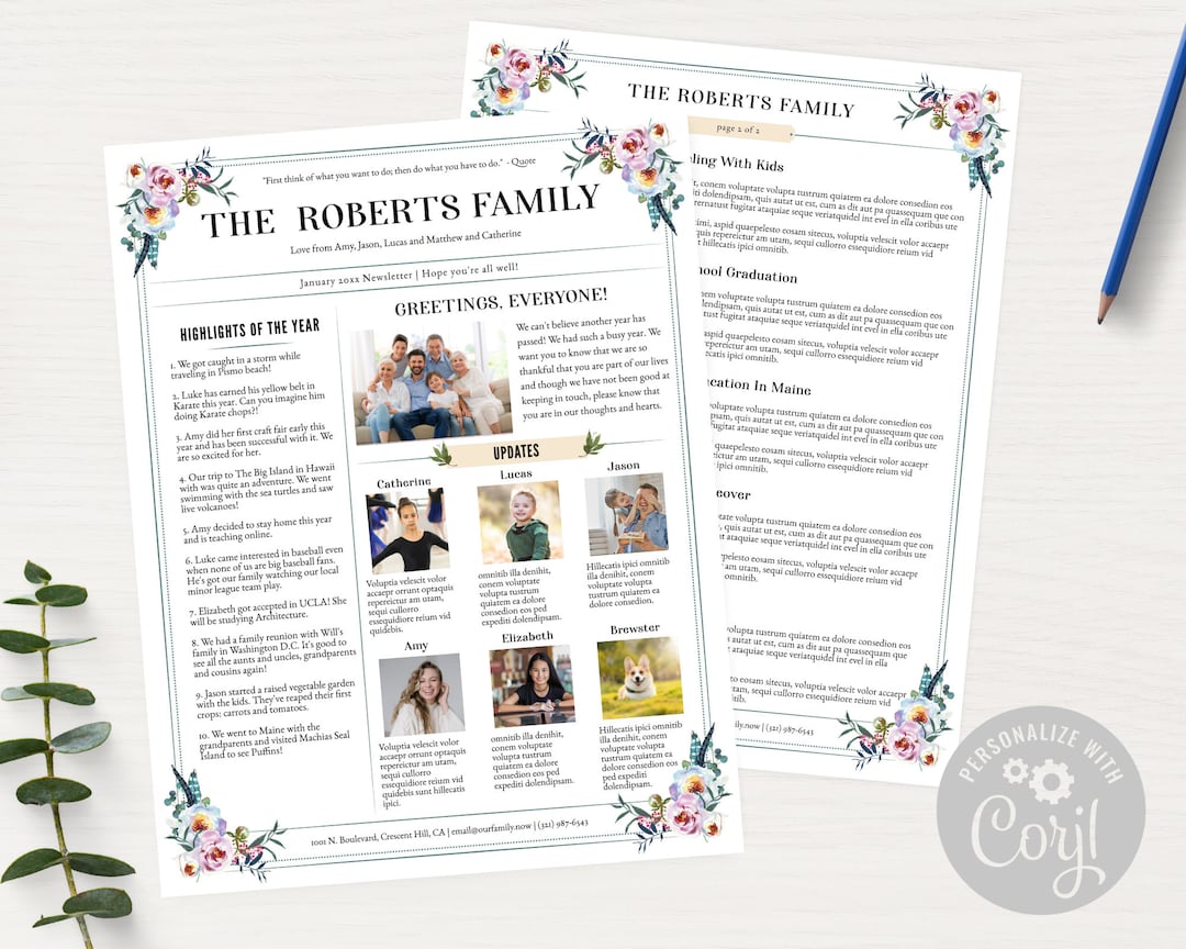 Editable Two Page Newsletter Template With Photos for a Family Update ...