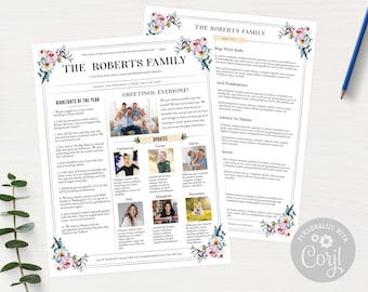 Family Newsletter Template Two Pages With Photos / Floral Family Year In Review, Wedding Times, Office Update / Feathers & Blooms / CORJL /C
