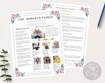 Two Page Newsletter Template for a family Update, Wedding Times, or Office News (CORJL, Feathers & Blooms C)