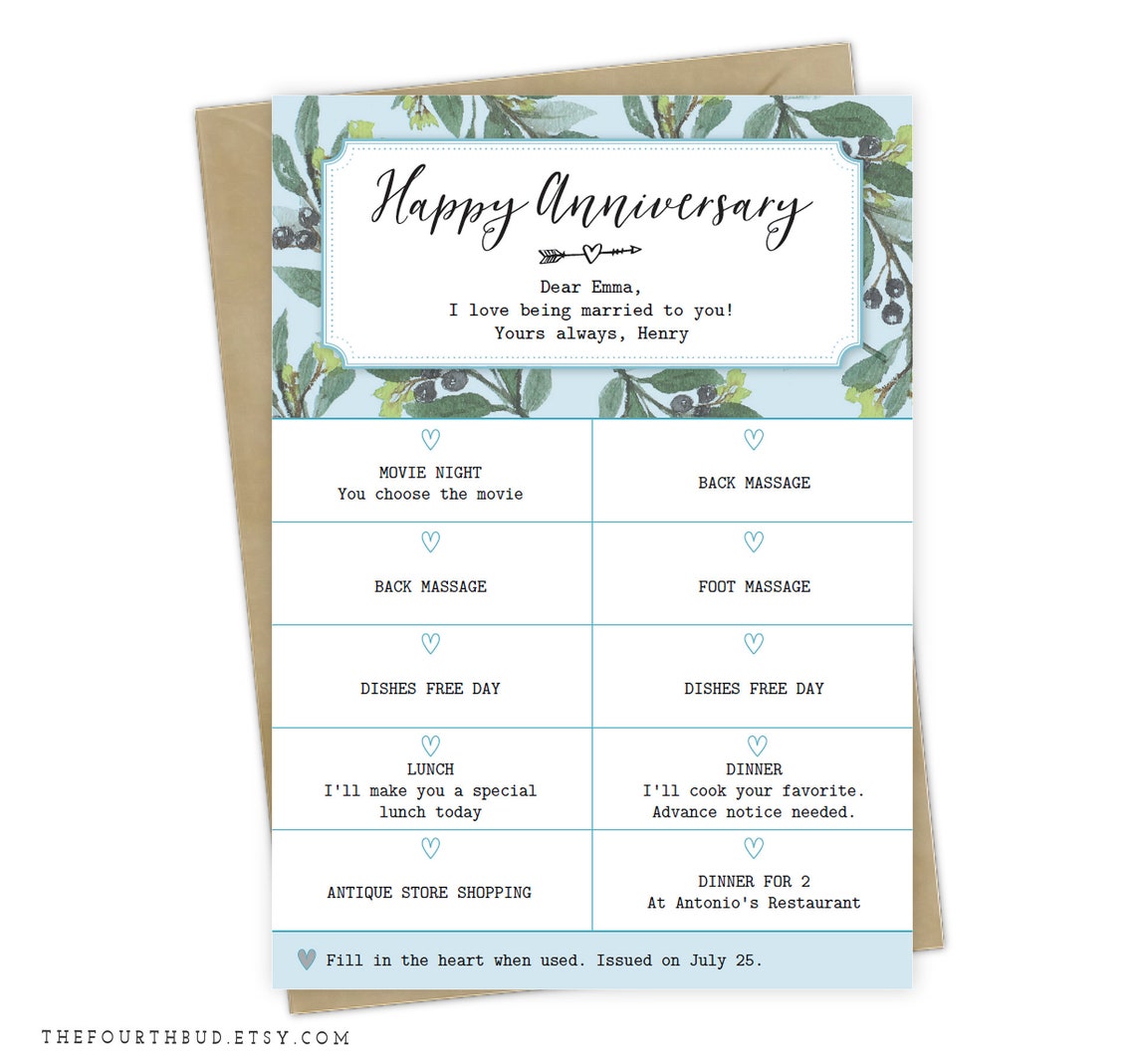 Anniversary Gift Coupon Template / Wedding Anniversary Gift - Etsy