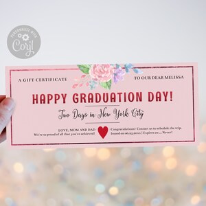 Happy Graduation Gift Certificate Template / Editable Graduation Day Gift Voucher for Her / Printable Pink Floral Rose Gift Coupon / CORJL