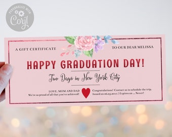 Happy Graduation Gift Certificate Template / Editable Graduation Day Gift Voucher for Her / Printable Pink Floral Rose Gift Coupon / CORJL