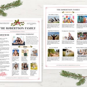 Elegant Family Christmas Newsletter Template Two Pages / Editable Year In Review / Holly Floral Bouquet Christmas Letter With Photos F/CORJL