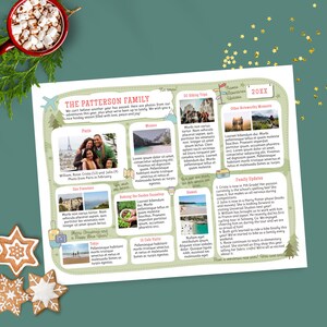 Pode incluir: Um álbum de fotos de família com o título "The Patterson Family" e fotos de vários locais. O álbum é decorado com biscoitos de gengibre, uma caneca de chocolate quente e confetes de estrelas douradas. O fundo é verde-azulado.