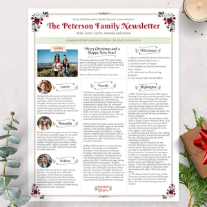 Lindo modelo de boletim informativo de Natal para a família, Carta dos EUA, uma página, Carta de Natal editável, Rosas de Natal B, Corjl, CRN