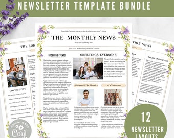 Floral Newsletter Template Bundle 12 Layouts / Editable Wedding Times, Family Updates, or Church Newsletter / Yellow & Lavender Roses /CORJL